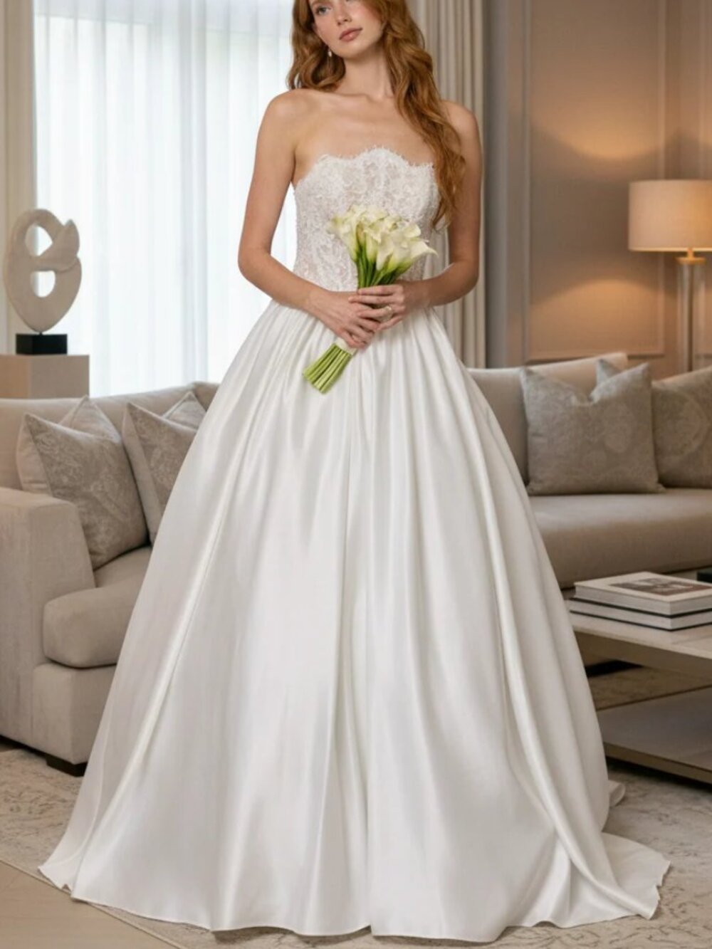 STRAPLESS WEDDING DRESS.SATIN OFF WHITE CORSET LACE UP SEQUINS BEADED BRIDAL GOW